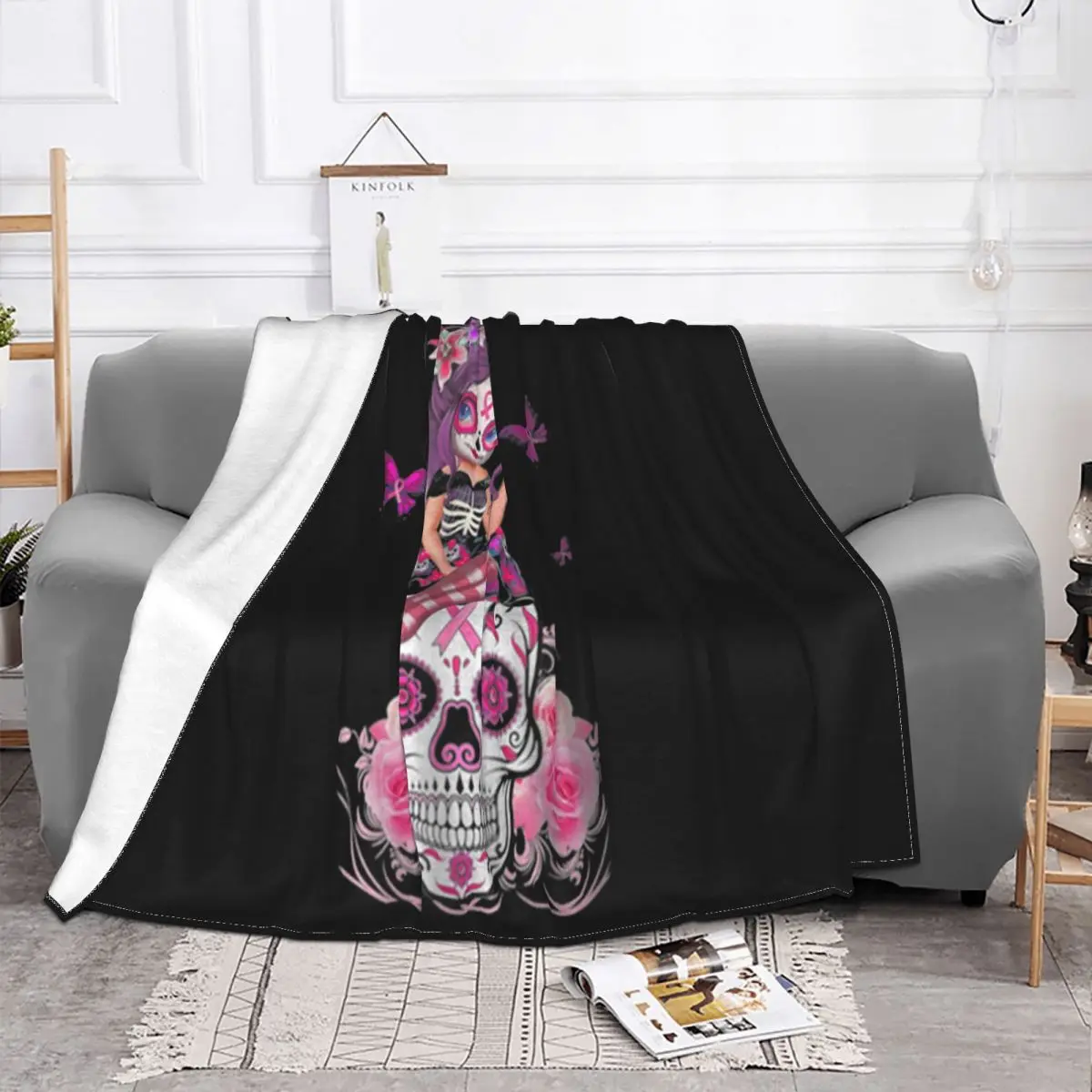 Sugar Skull Pink Ribbon Breast Cancer Awareness Flower Skulls Funny Hot Sale Designs Throw Blanket