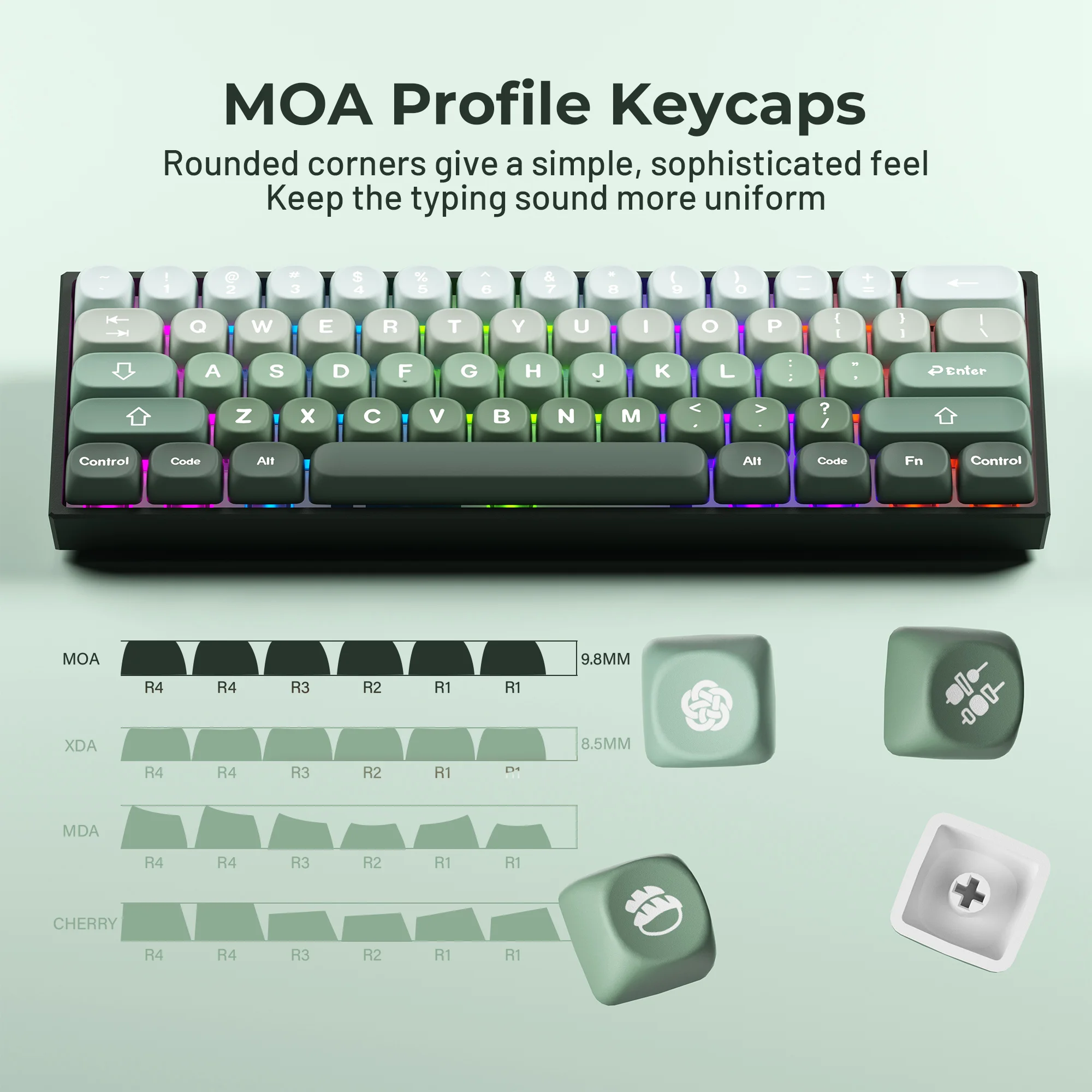 Japanese Wagashi Style Green Round Keycap Set, Ergonomic MOA Profile DIY Keyboard Replacement Caps Dye Sub PBT Keycap 132 Keys