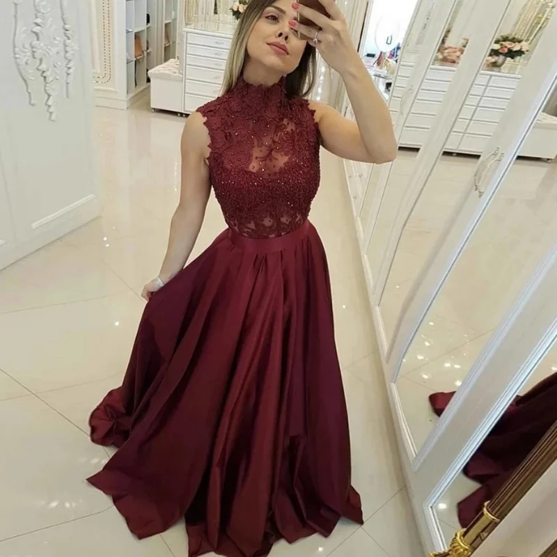 

Wholesale Burgundy Halter Prom Dresses 2023 Sleeveless Lace Appliques Floor Length Elegant Party Evening Gown for Women