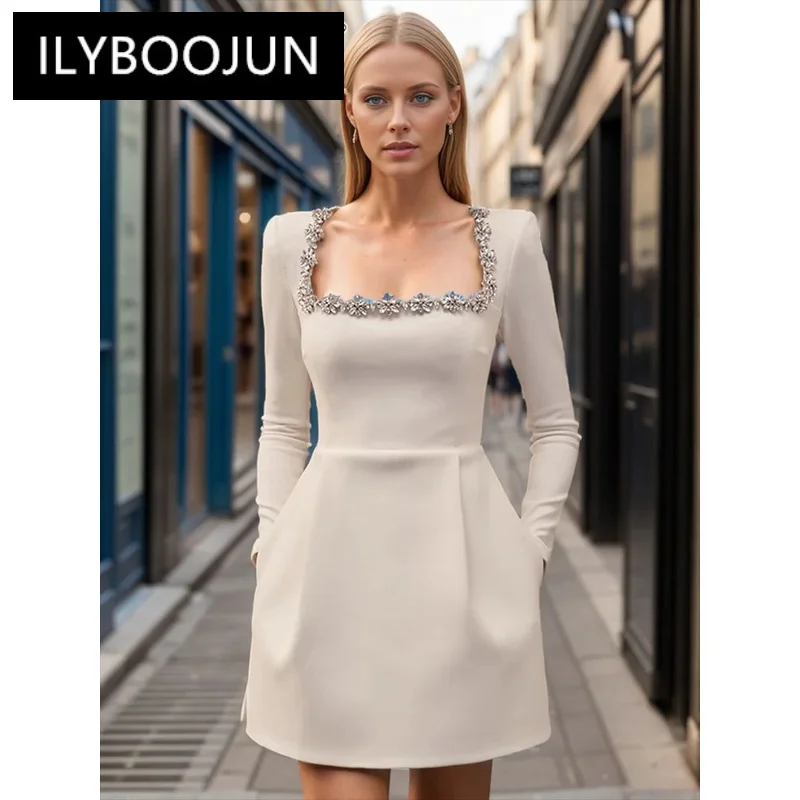 

Solid Spliced Diamonds Slimming Dresses For Women Square Collar Long Sleeve Mini Dress Female Fashion Luxury Brand