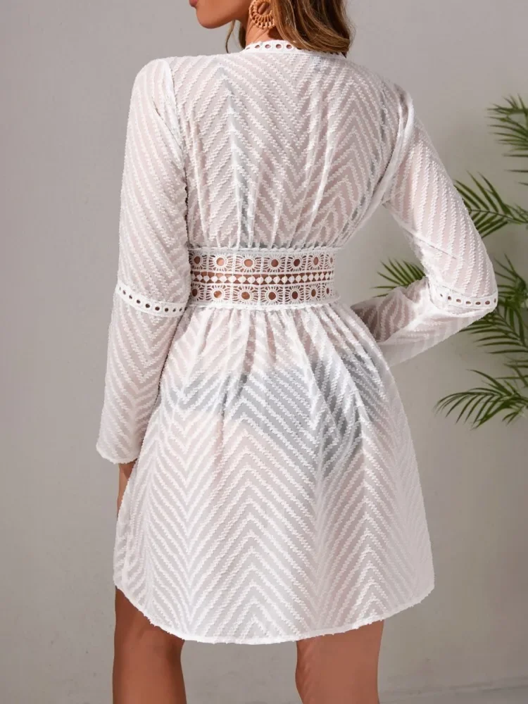 Summer Cover Ups Women Swimsuit Long Sleeve Robes Bathing Suit 2025 New White Beach Holiday Mini Dresses Cover-Up