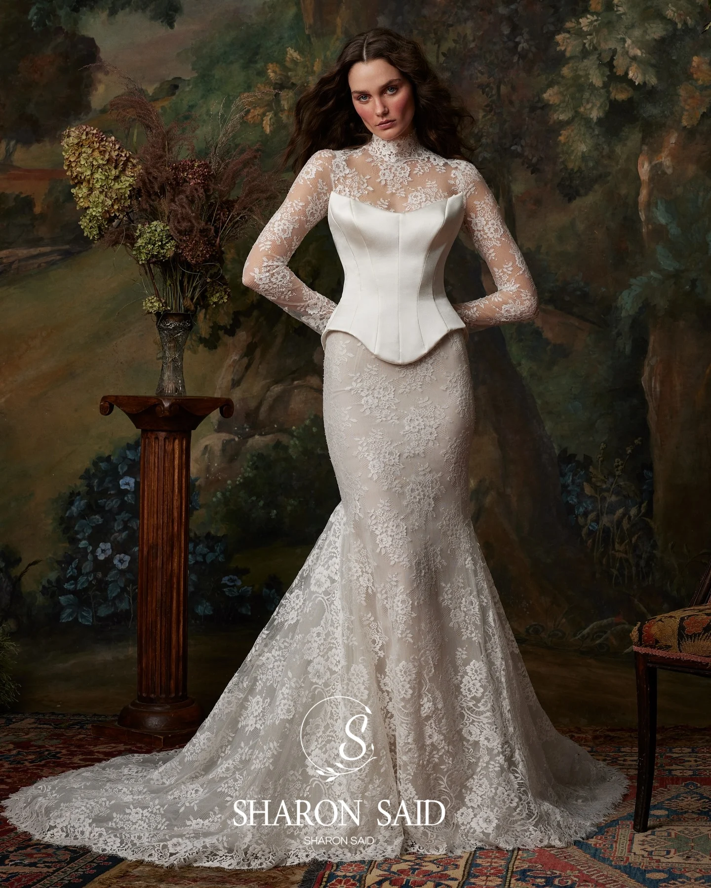 Sharon Said Corset col haut sirène dentelle blanc cassé robe de mariée 2025 Vintage manches longues Satin robes de mariée SW080 personnalisé