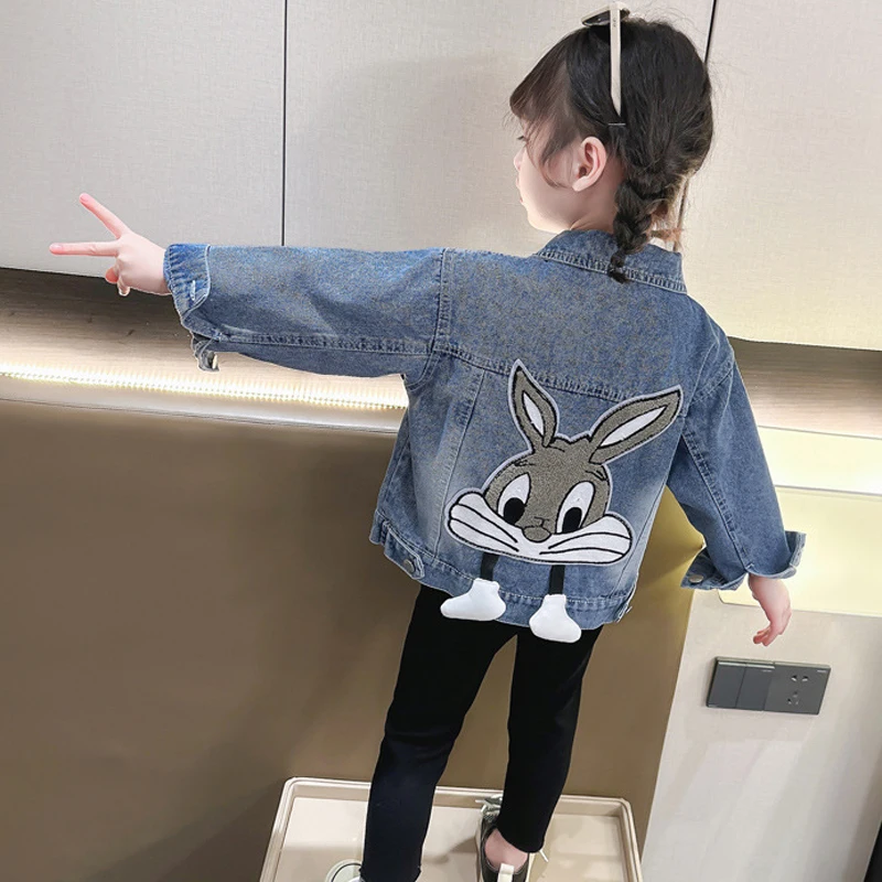 3 4 5 6 8 10 12 Years Girls Denim Jacket Cartoon Rabbit Pattern Lapel  Fashion Coats For Teen-agers Girls Outdoor Windbreaker