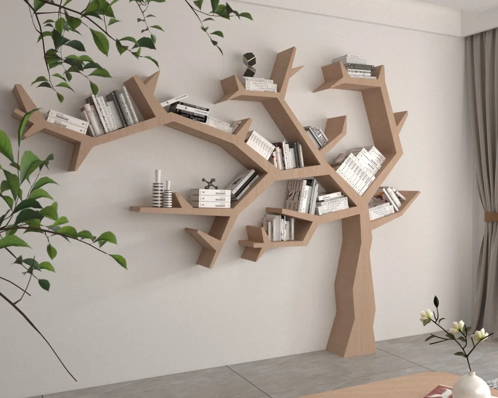 

Special-shaped solid wood wall background wall shelf study living room sofa top projector bookshelf simple tree frame