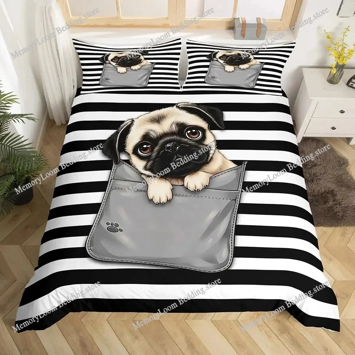 

Pirate Pug Dog Duvet Cover Queen Kids Cartoon Pet Dog Bedding Set Kawaii Puppy Comforter Cover Animal Themed Quilt Cover