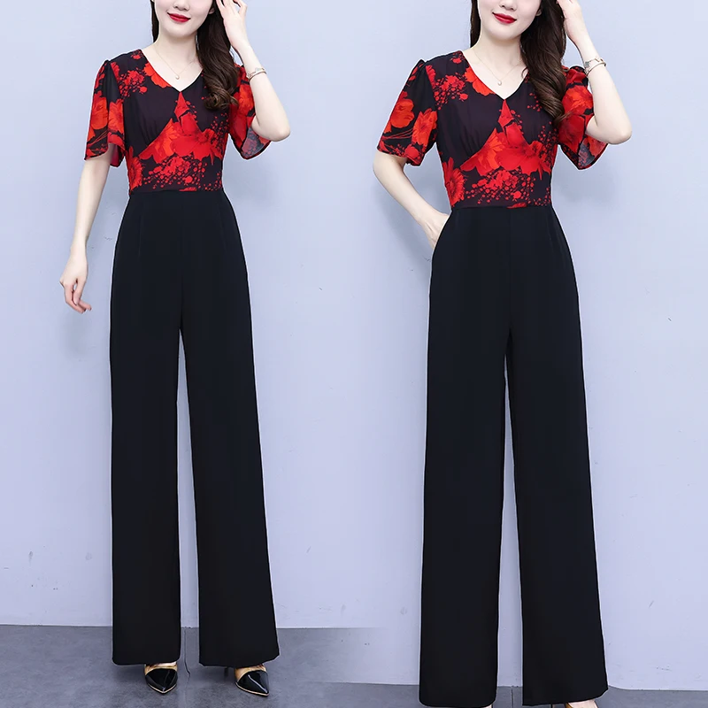 

2025 Summer Women's Fashion Patchwork Slim Fit Red Jumpsuit High Waist Wide Leg Romper Elegant One-Piece Overalls