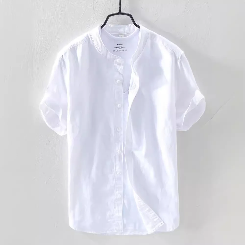 Summer Chinese Style Linen Stand Collar Single-Breasted Short Sleeve Shirt Men's Casual Top