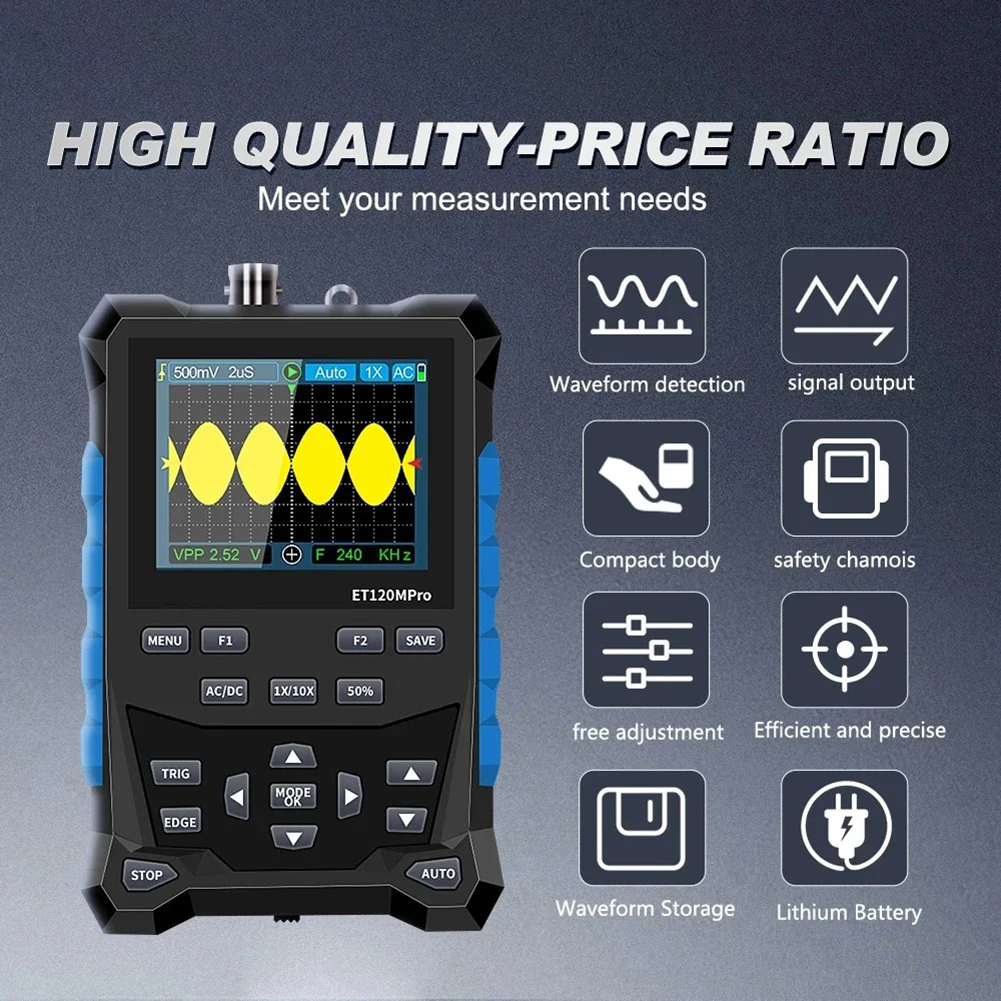 ET120MPro Oscilloscope with 120MHz Analog Bandwidth Auto Measurement of 12 Parameters for Electronics Troubleshooting