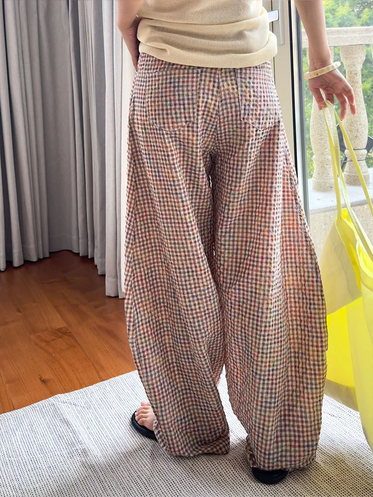 Women Vintage Plaid Wide Leg Linen Pants 2024 Summer Ladies Casual Breathable Korean Fashion Streetwear Loose Trousers