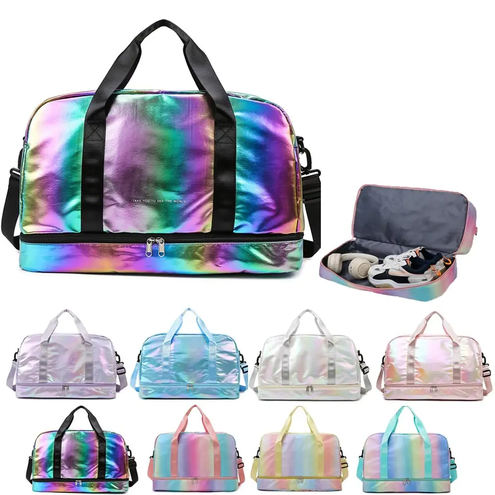 

Free ShippingHolographic Shimmering Gym Duffle Bag with Shoes Compartment & Wet Pocket, Women Weekend Overnight Travel Bag Gymn