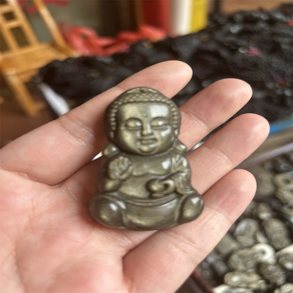 Gold  Obsidian Baby Buddha Pendant Healing Women Men Necklace Amulet