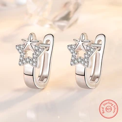 Woman's New 925 Sterling Silver Crystal Jewelry Fashion Star Hoop Earrings XY0176