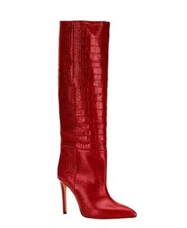 Fashion Women Pink Orange Blue Crocodile Leather Knee High Boots Pointed Toe Tube Slip On Stiletto Thin Heels Runway Long Botas