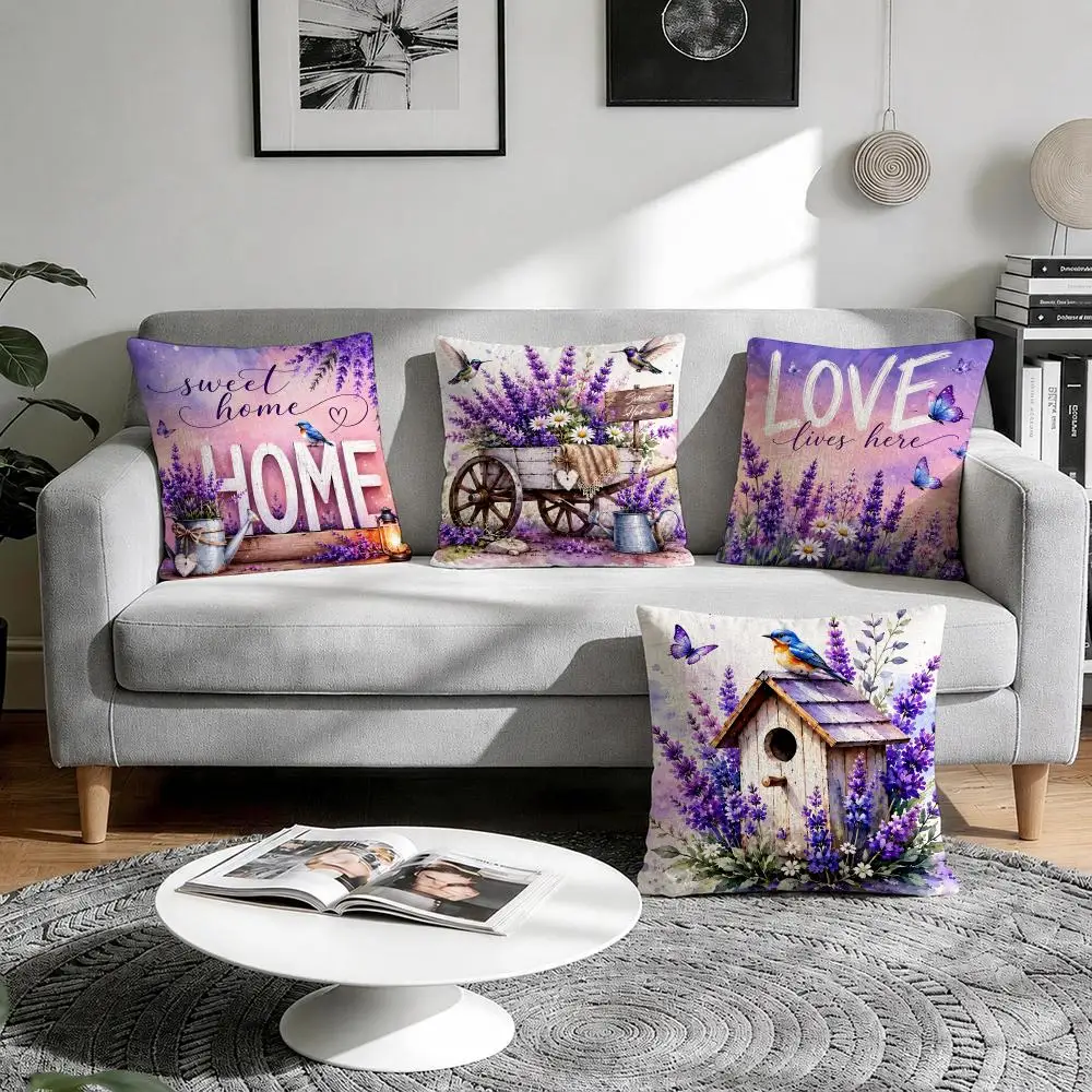 Sweet Home Floral Script Cushion Cover Natural Breathable Durable Linen Printed Decor Pillow Case Sofa Bedroom