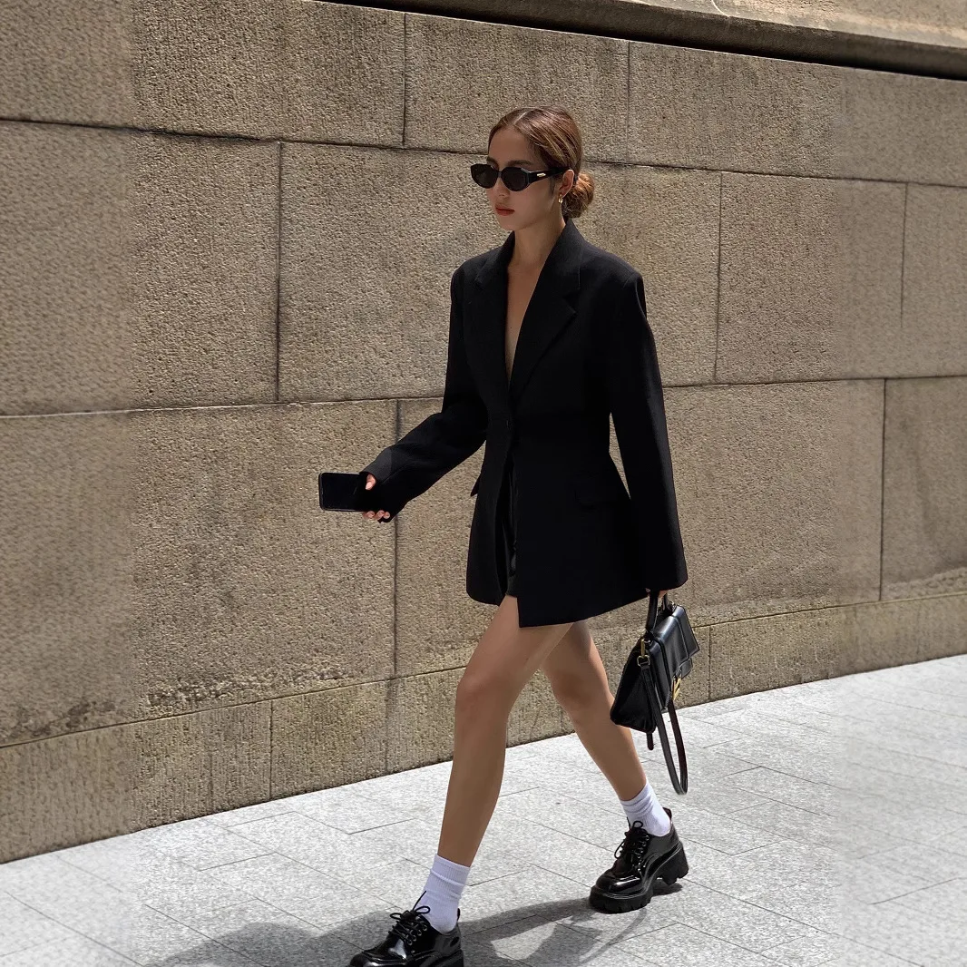 سترة نسائية بنمط هيبورن بقصة ضيقة باللون الأسود وأكمام طويلة معاطف عمل كاجوال للتخسيس بتصميم كلاسيكي لمناسبات مختلفة #4