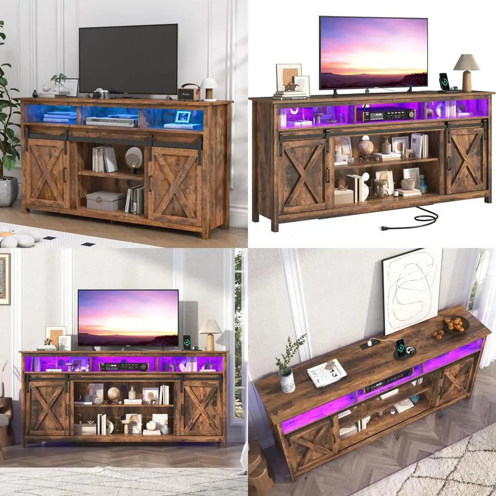 65 Inch TV Farmhouse Style Entertainment Center with Sliding Barn Doors and Storage Solution