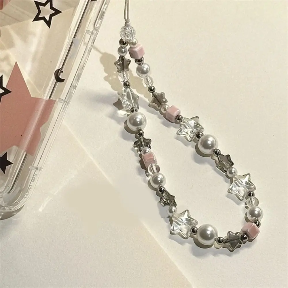 Fashion Pink Star Cute Charm Pearl Beaded Phone Chain Strap Lanyard Lovely Girl Accessorie Gift Bracelet Unisex Jewelry Decor