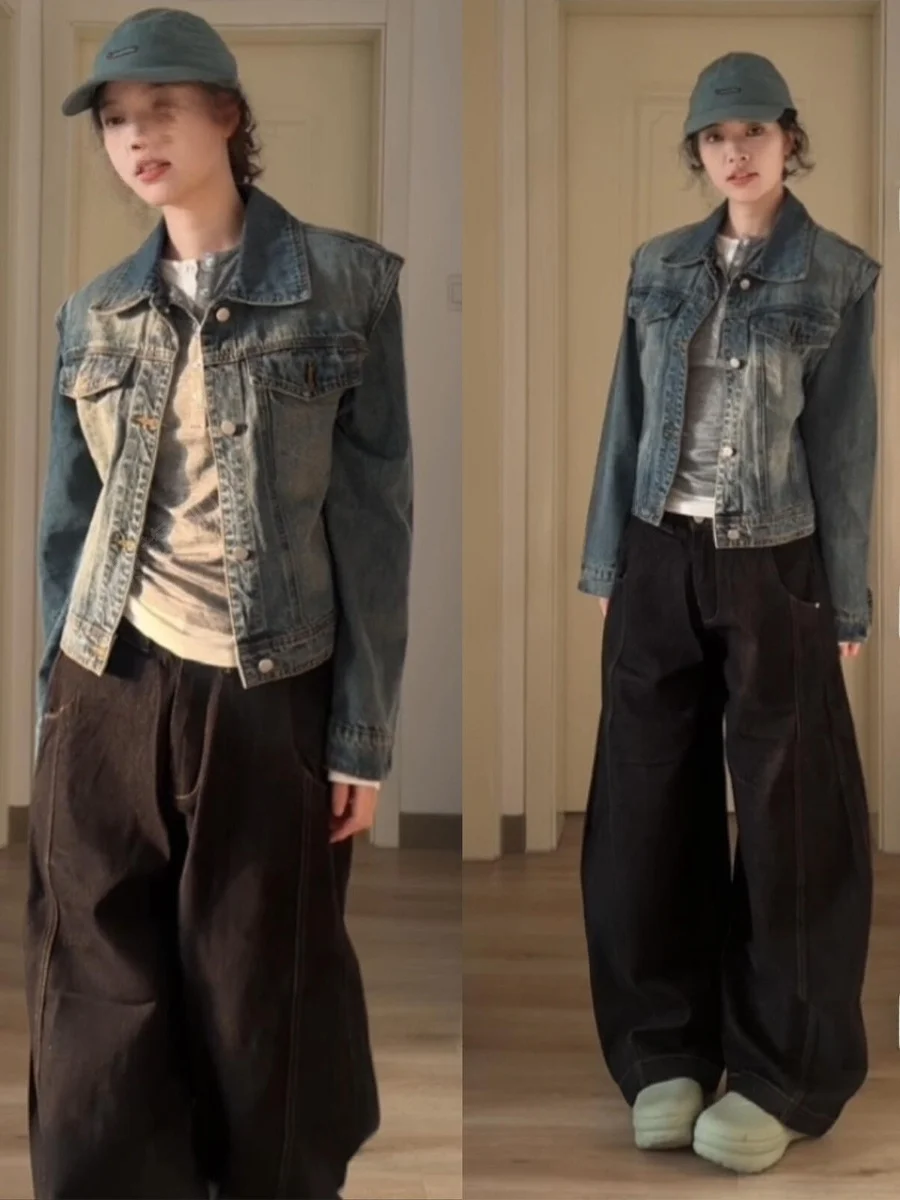 

Retro American Waed ort Denim Jaet Women's Autumn Winter New Design Loose Versatile Jaet Top Button Detail Straight Leg