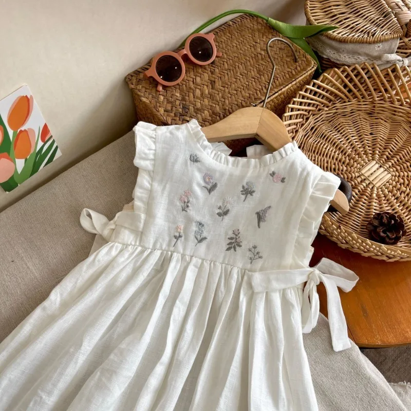 Linen Embroidery Floral Girl\'s Dress Clothes Children\'s Wear Girls Toddler Fashion Summer Dresses Casual Clothes 2-8 Years Old