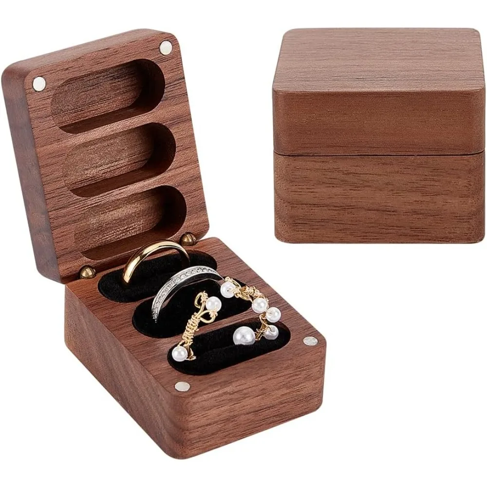 

Коробка для колец из цельного дерева, 3-слотовая коробка для колец с застежками и черным бархатом внутри, держатель для колец из цельного дерева, прямоугольная деревянная коробка для колец