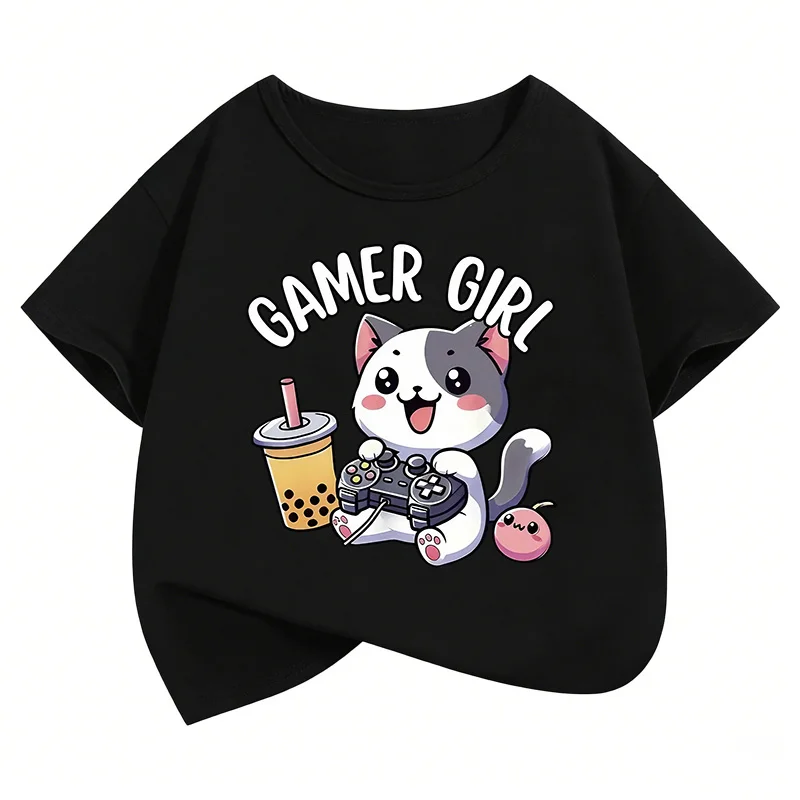 Cute Cat Gamer Girl Graphic Kids Tshirts Summer Short Sleeve Tees Cartoon Boys Girls Clothes Kawaii Tops Y2K Children T-shirt