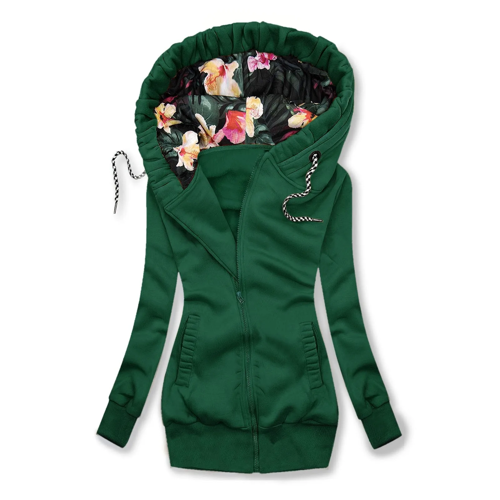 Floral Fashion Sleeve Jacket Coat Pocket Zipper Sweatshirt Women Print Long Sleeve Women'S Coat Long Hoodies Casual Jacket