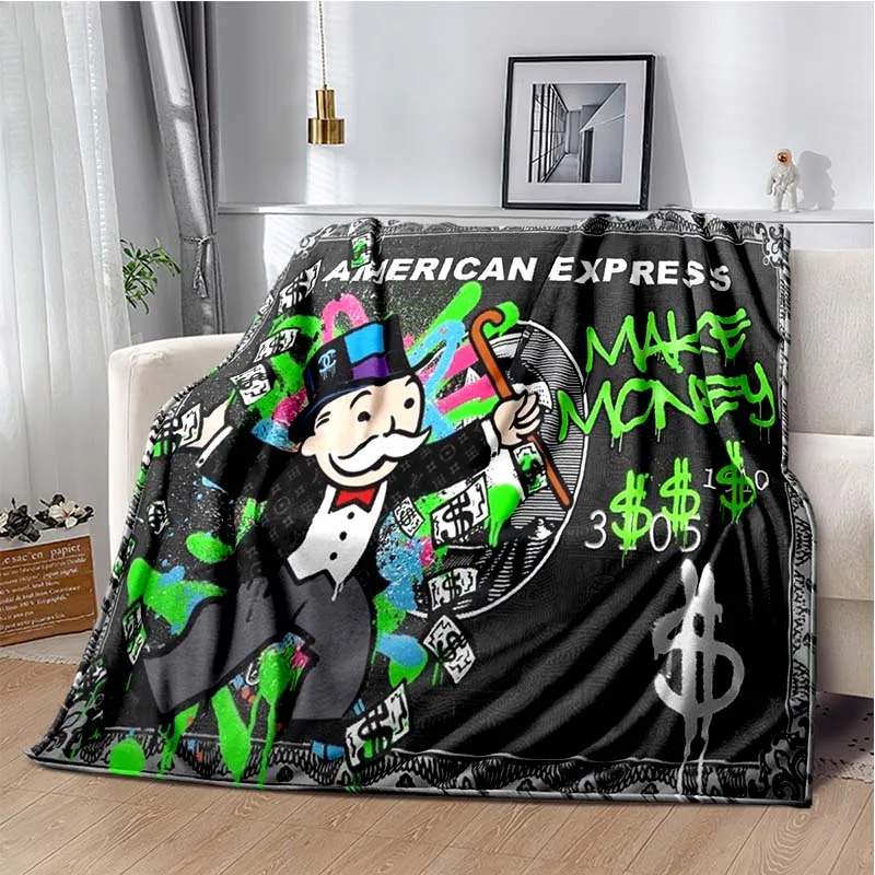 Rich Man Game Monopoly Dollar Cartoon Print Flannel Blanket Ultra Soft Warm Throw For Bedroom Sofa Living Room Home Decor Gift