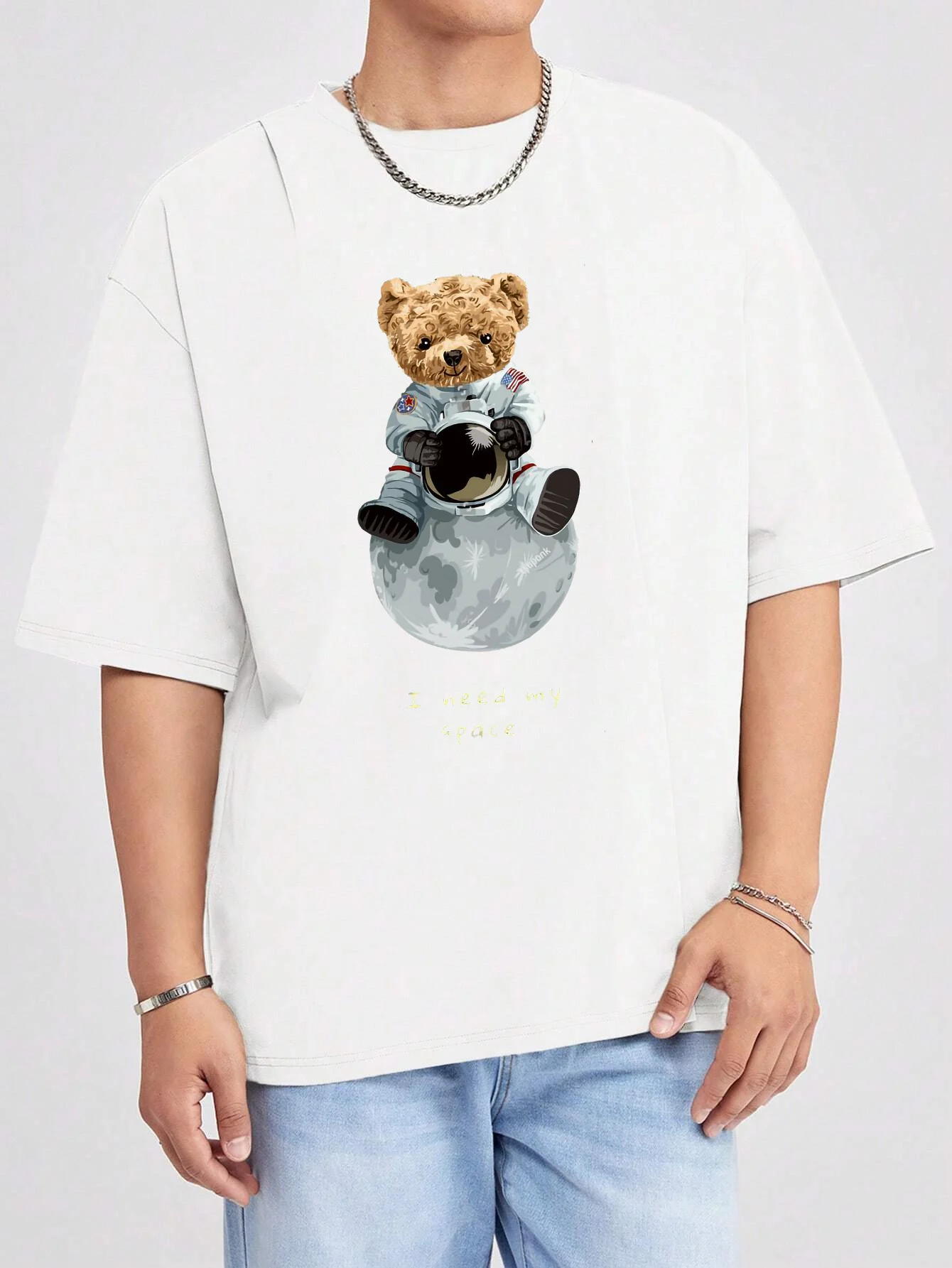 Teddy Bear Imitates American Astronaut Printed Man Short Sleeve Comfortable Loose T Shirt Cotton Soft Top Basic Daily T-shirt