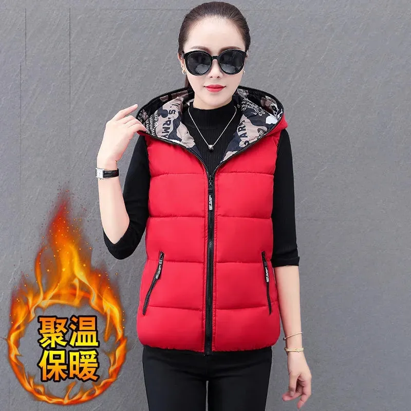 

Fashion Double Reversible Hooded Cotton Vest Female Women's Cotton Coat New 2023 Thicken Warm Sleeveless Autumn Winter Jacket