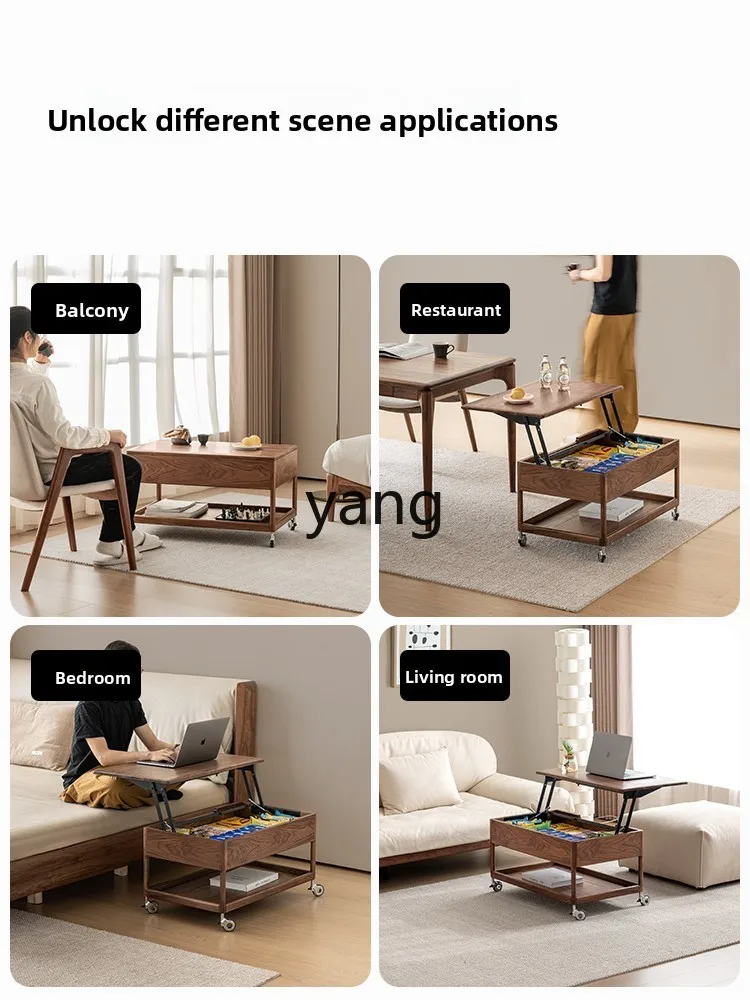 TGF black walnut lifting coffee table solid wood mobile tea table household living room small apartment