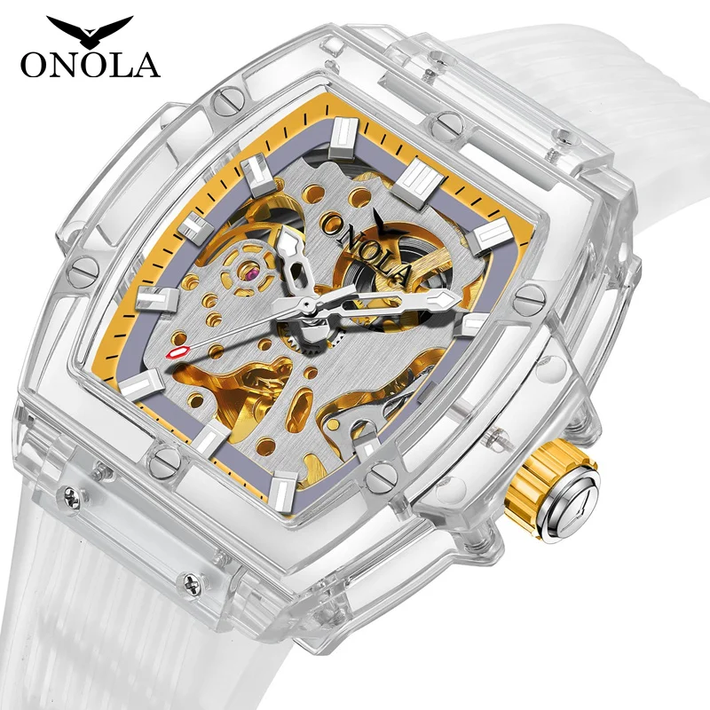 Fahion men watch ONOLA Sprot Plastic Transparent Hollow Full Automatic Mechanical Watches Men Waterproof Clock