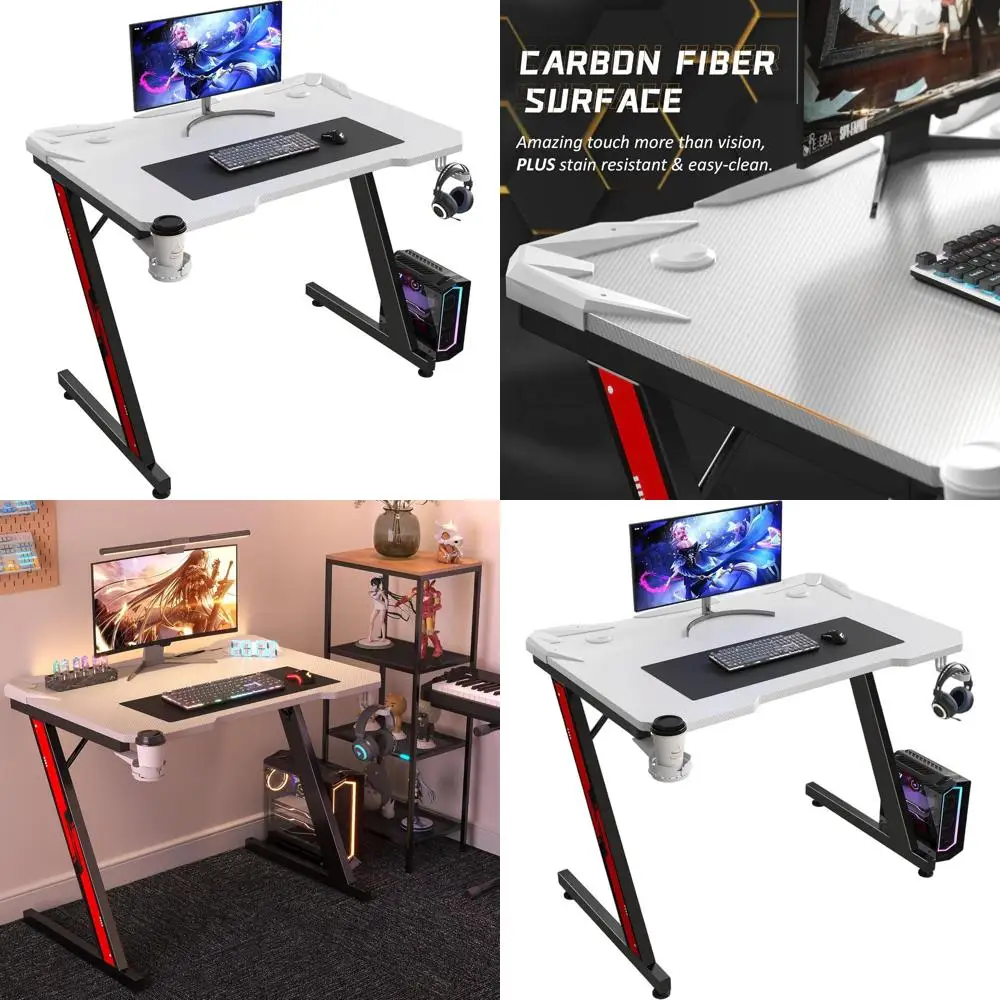 

White 32 Z-Shaped Gaming Desk with Carbon Fiber Top, Cup and Headphone Holder for Home Office