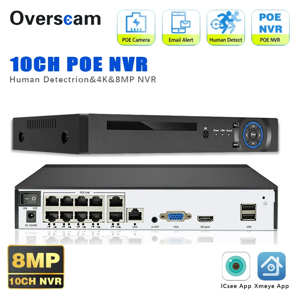 4K 10CH POE Smart NVR 8MP POE Network Video Recorder H.265 ONVIF Human Detection 4/8 Channel Face Detection NVR For IP Camera