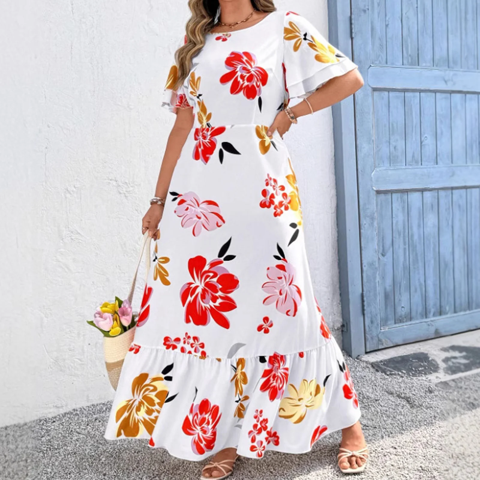 Women's Floral Plus Size Dress Summer Female Loose Round Neck Short Ruffle Sleeve A-line Long Tiered Dress Casual Clothes XXXXL