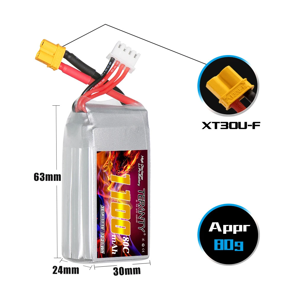 TREANTY Batería LiPo 3S 11,1V 1100mAh 80C/160C XT30 para drones FPV - imagen 4