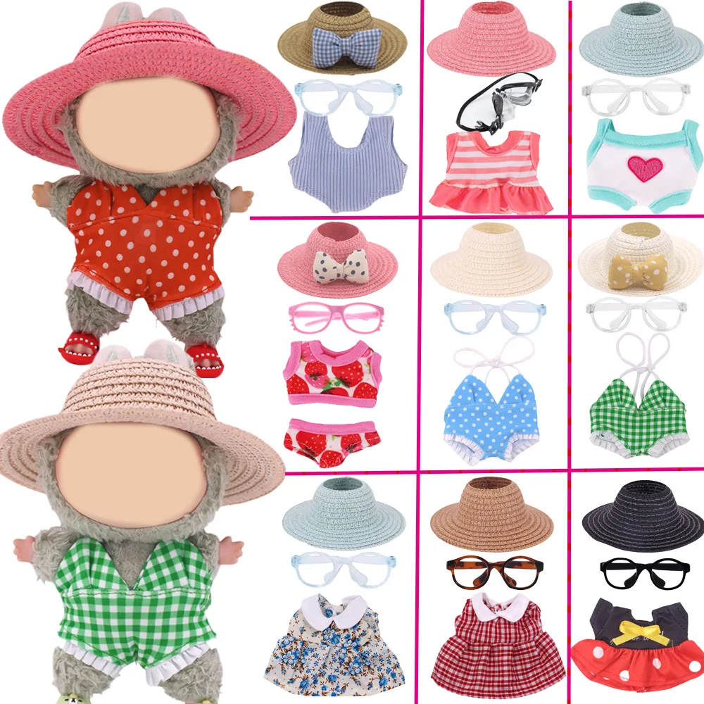 

Кукольная одежда, 3 шт./компл., для купальника labubu + очки + соломенная шляпа, маска для дайвинга, платья, набор для 15-17 см, плюшевые аксессуары для кукол, игрушки, подарки