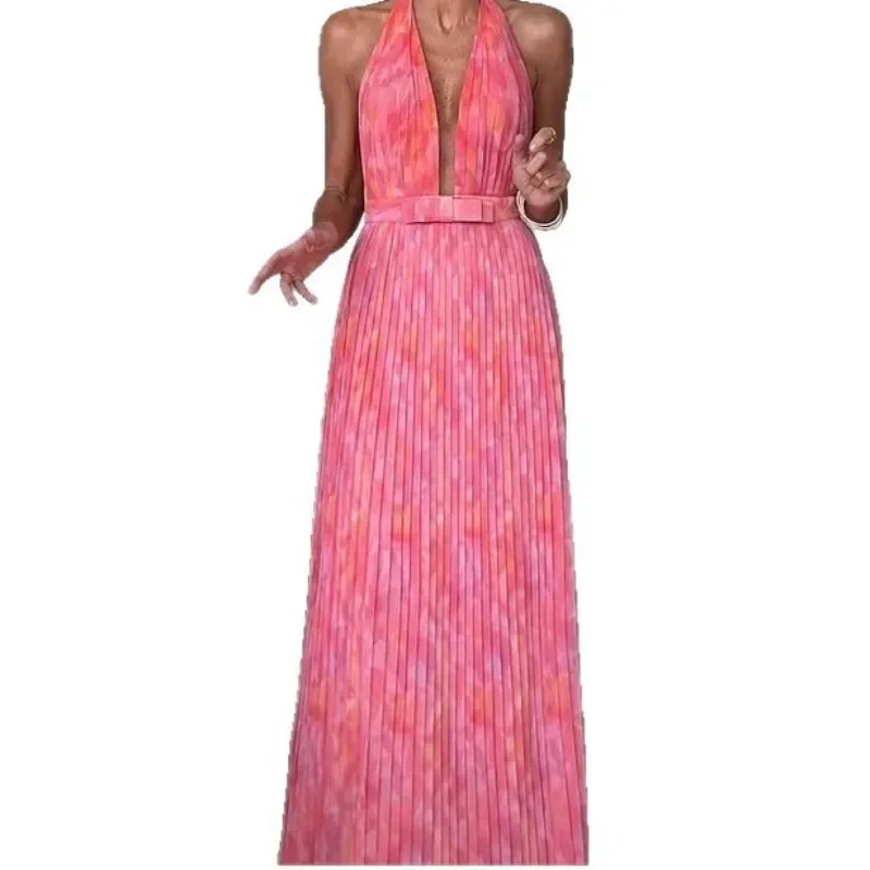 Elegant Sleeveless V Neck Backless Vacation Guest Cocktail Floor Length Dress 2025 Summer Women Pleated Boho Party Dress