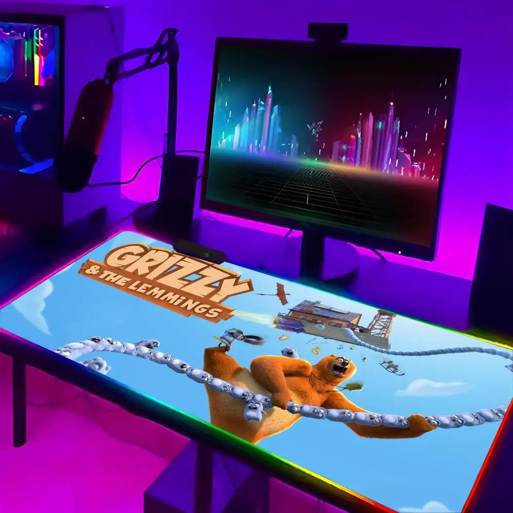 

G-Grizzly And L-Lemmings Mouse Pad Laptop Mat Gaming RGB Anime Mousepad Backlit Gamer Girl Cartoon Table Pads Deskpad