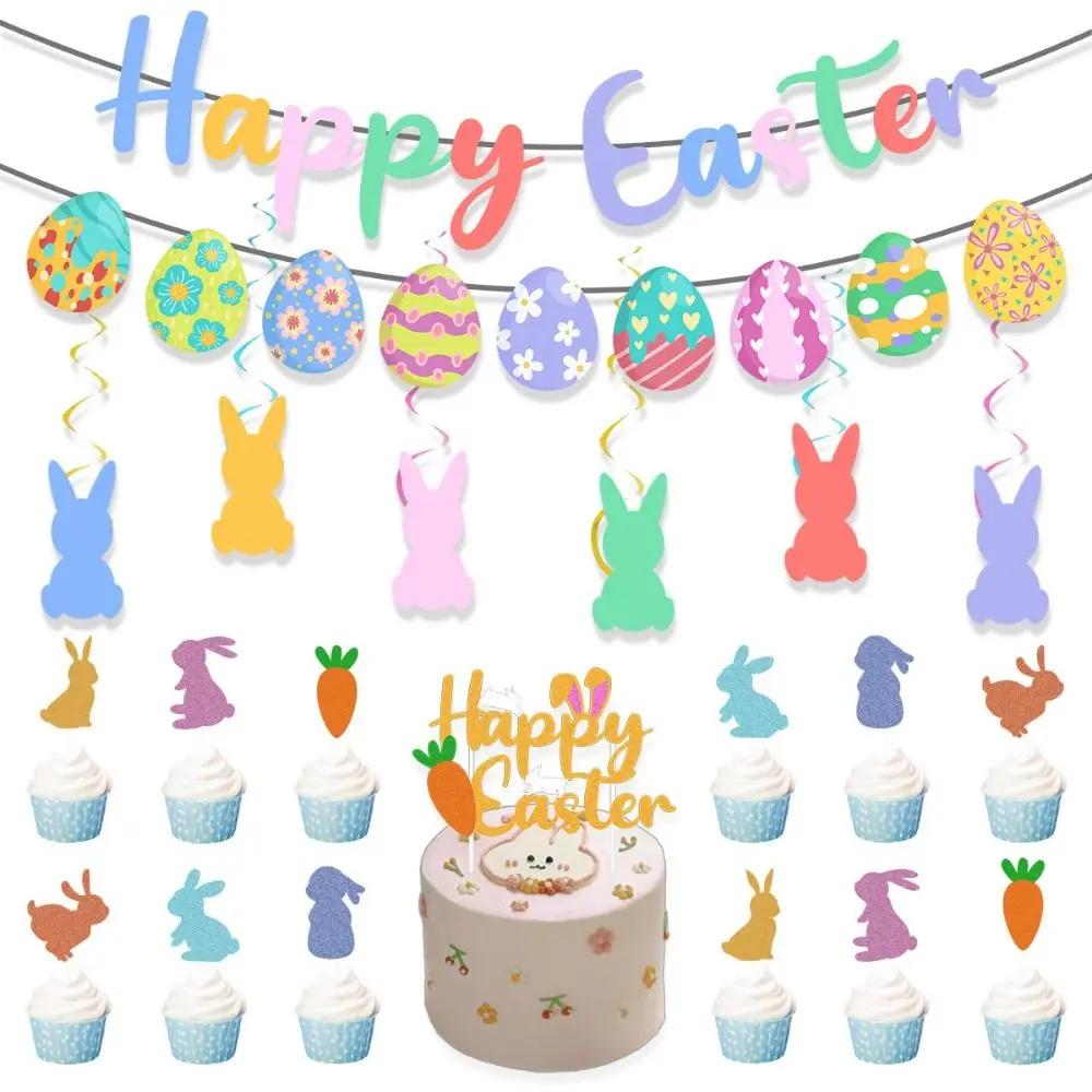 Decoraciones creativas para fiesta de Pascua, decoración temática de Pascua de conejo bonito, decoración para tarta DIY, banderas, decoración feliz de Pascua, fondo de fiesta