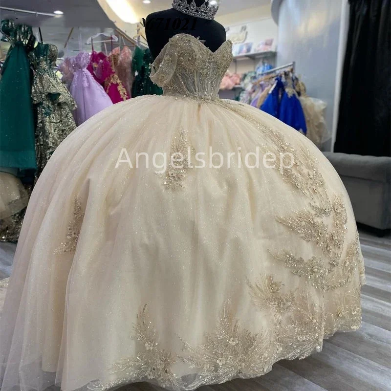 

Angelsbridep Champagne Ball Gown 15 Years Quinceanera Dress Shiny Applique Vestidos De Fiesta Birthday Evening Party Dresses