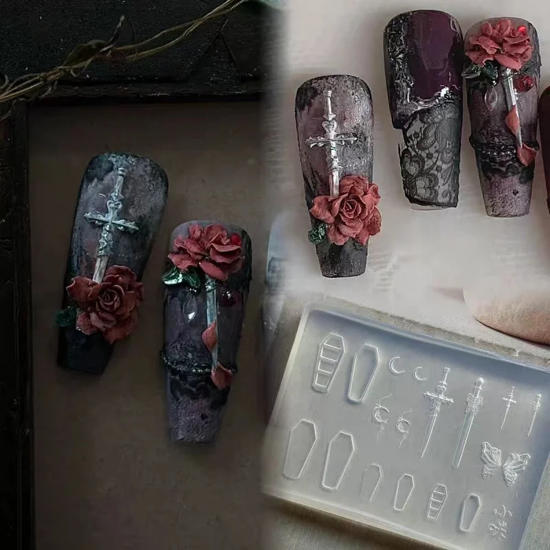 Dunkle Silikon-Nagelstempel mit Schwert-, Mond-, Schmetterlings-, Sarg- und dreidimensionalen Motiven für kreative Nageldekorationen – Detail 2