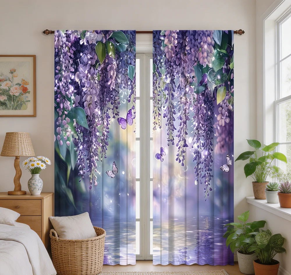 2PCS Digital Printing Curtains, Purple Wisteria Flower Butterfly Water Reflection Pattern, Dreamy Romantic Floral Home Decor