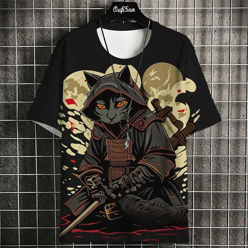 Popular Samurai Cat Graphic T-shirt Funny 3D Cartoon Cat Print Short Sleeve T shirt Outdoor Men Women Party Tops Summer Clothing