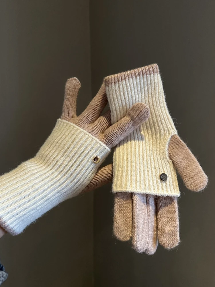 2026 Winter Milard Style Gloves for Women Dual Purpose Color Matching Knitted Wool Gloves for Women Open-toe Warm Cycling Gloves
