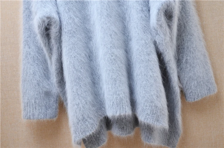 Women Mujer Autumn Winter Clothing Grey Hairy Angora Rabbit Hair Knitetd Long Sleeves Split Loose Turtleneck Pullover Sweater