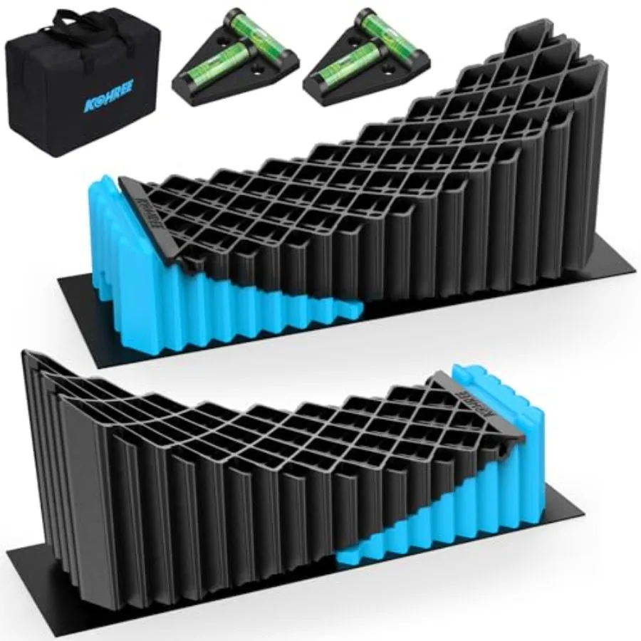 

RV leveling blocks for travel trailers and fifth wheels, rubber material, blue color, 5-inch lift capacity and 50, 000 lbs supp