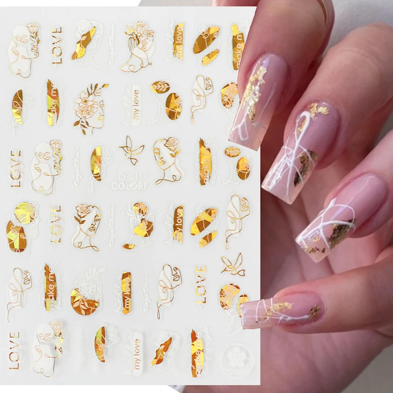 1 pçs 3d adesivos de unhas branco folha de ouro abstrato linha padrão auto-adesivo slider arte do prego decorações folha flores decalques do prego