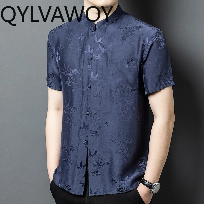 QYLVAWOY 100% Mulberry Silk Men's Shirts Summer Tops Loose Shirt Short Sleeve High Quality Shirts for Man Chinese Style Camisas