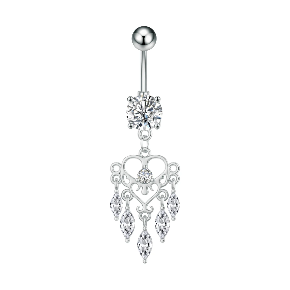 Crown Heart Dangled Belly Button Rings with Butterfly Drop