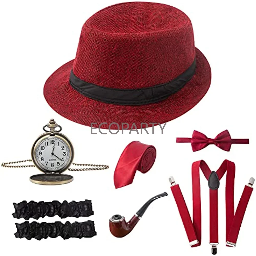 1920s Men's Ball Party Accessories 1920s Gatsby Gangster Accessories Fedora Hat Pipe Pocket Watch Tie Strap Suit Cosplay